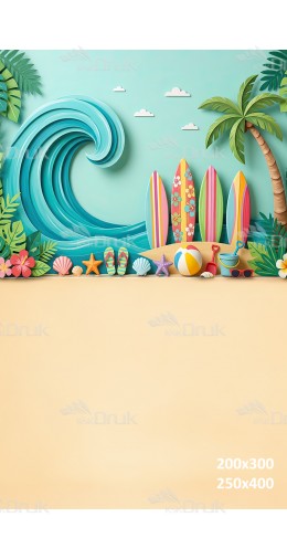 Tło fotograficzne „Kolorowa plaża z falą i deskami surfingowymi” | 4081